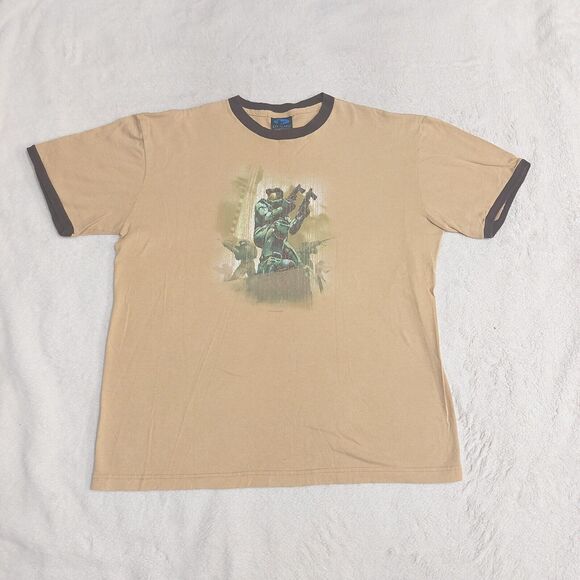 VTG Y2K Xbox Halo 2 Master Chief T Shirt Ringer Brown Promo Men's Size Large - Picture 1 of 9
